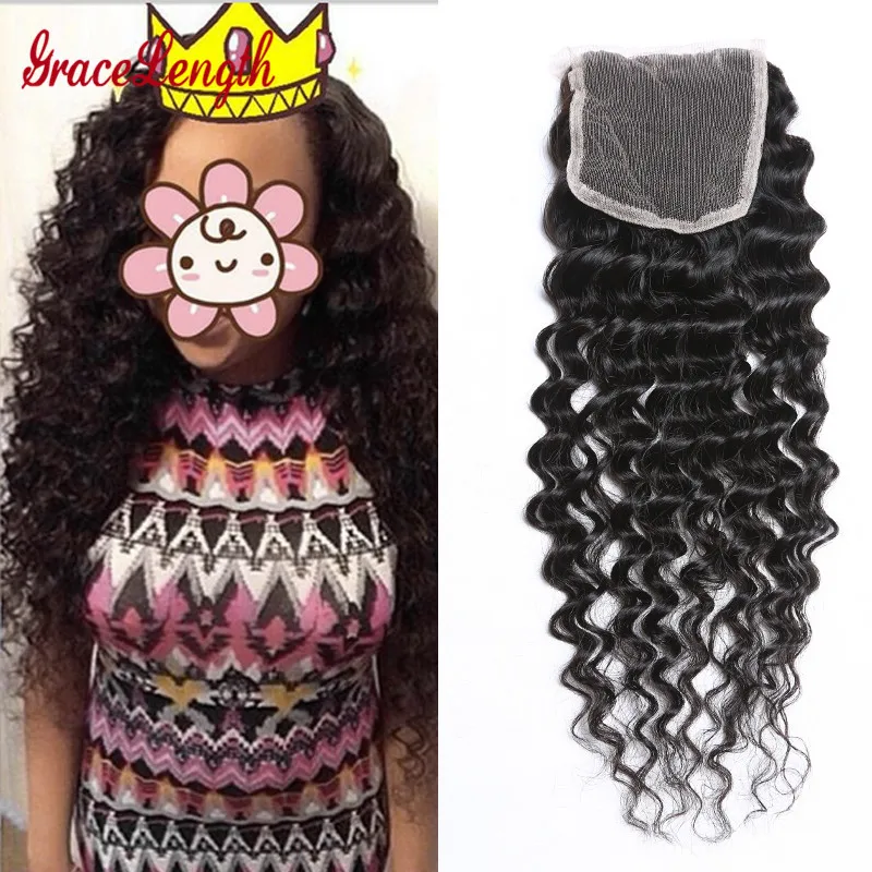 Indian Virgin Hair Deep Wave Closure Human 7A Grade Curly Swiss Lace 4x4 One Bundle |