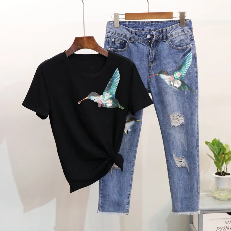 Весенний женский комплект из 2 предметов с блестками и птицей, футболка с коротким рукавом+ рваные джинсы в стиле кэжуал, штаны, Модный женский комплект из двух предметов