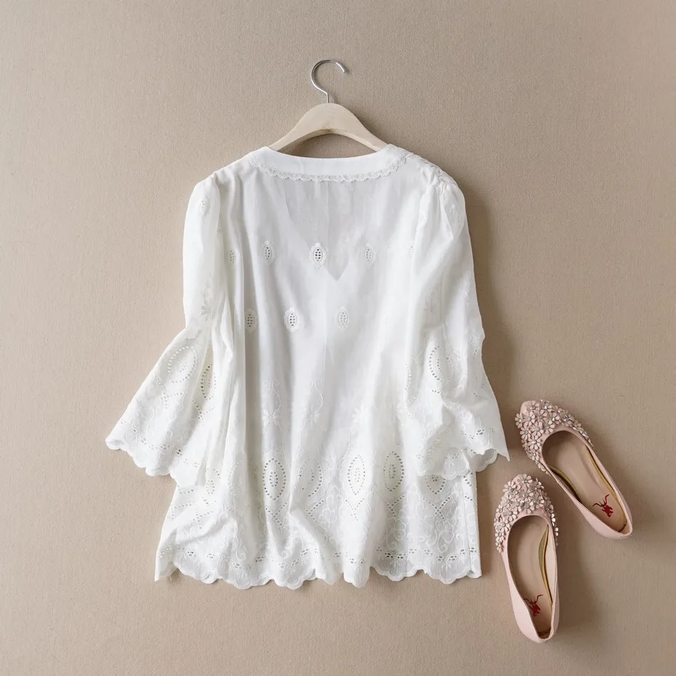 Женская блузка с вышивкой V образным вырезом и рукавом до локтя|women white shirt|embroidery