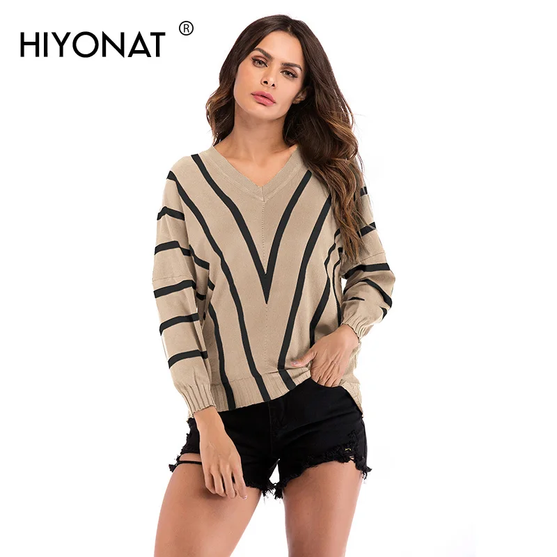 Hiyonat Elegant V-neck Sweaters Women 2019 Fashion Loose Fit Pullover Western Campus Pull Femme Autumn Basic Casual Jumper