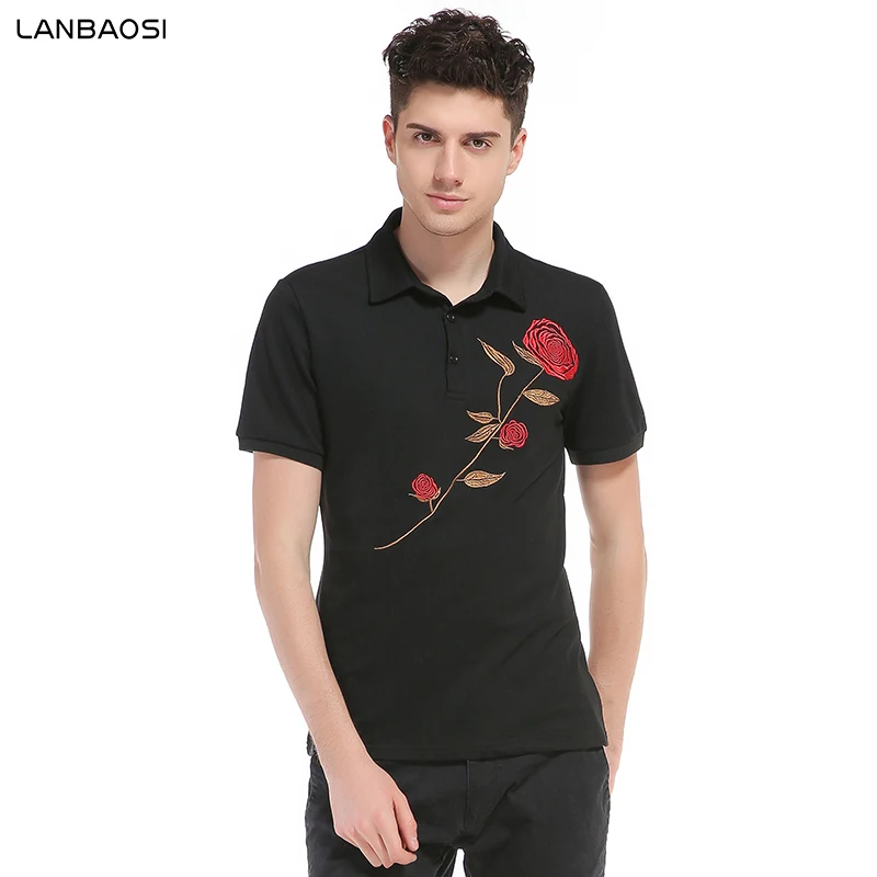 LANBAOSI Preppy Style POLO Shirt Men Short Sleeve Rose Embroidery White