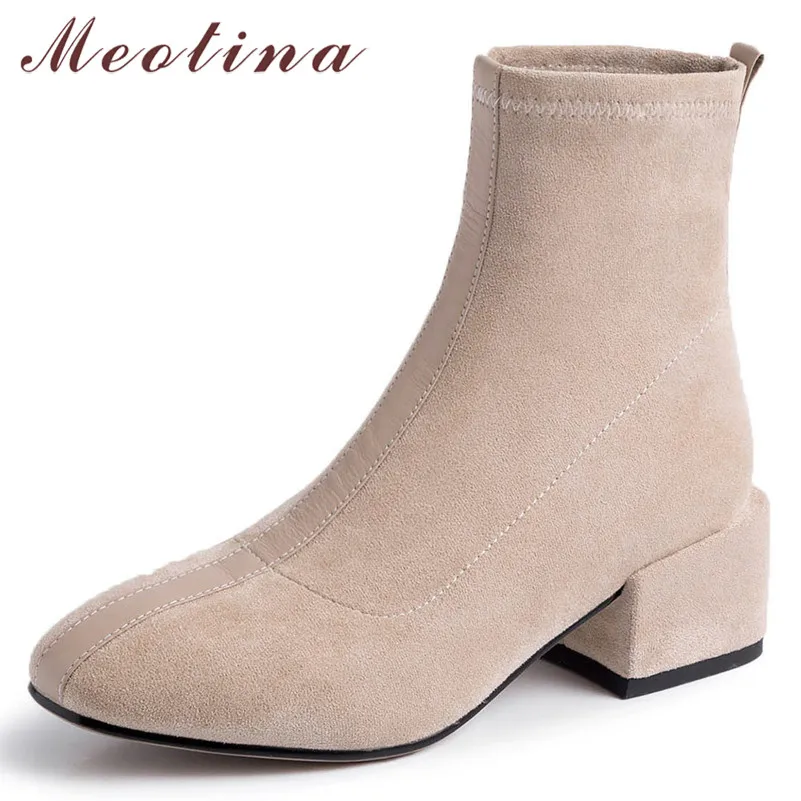 

Meotina Women Boots Autumn Ankle Boots Cow Suede Thick Heel Elastic Boots Slip on Square Toe Short Shoes Female Fall Size 34-39