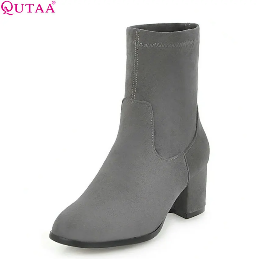 

QUTAA 2019 Women Ankle Boots Platform Zipper Flock Shoes Square High Heel All Match Women Motorcycle Boots Big Size 34-43