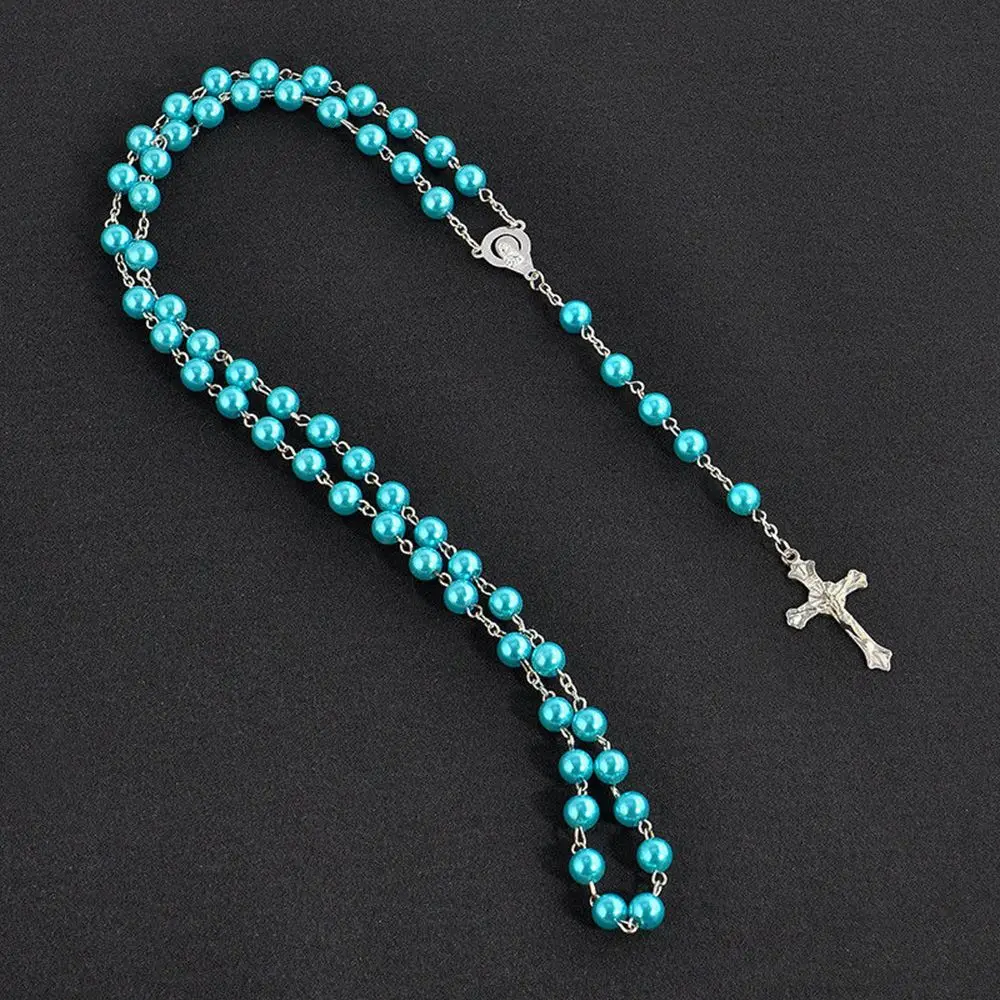 Rosary Handmade Round Glass Imitation Pearl Bead Alloy Cross Pendant Christian Catholic Religious Pendants Necklace