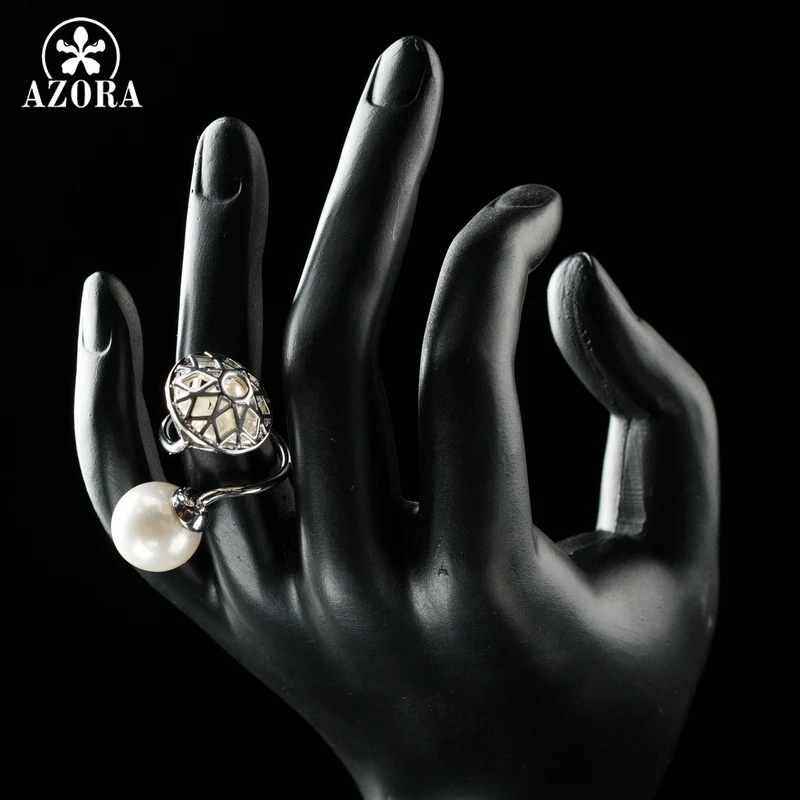 AZORA Big Imitation Pearl with Hollow Stone Net Filled with Tiny Pearls Adjustable Size Rings TR0168