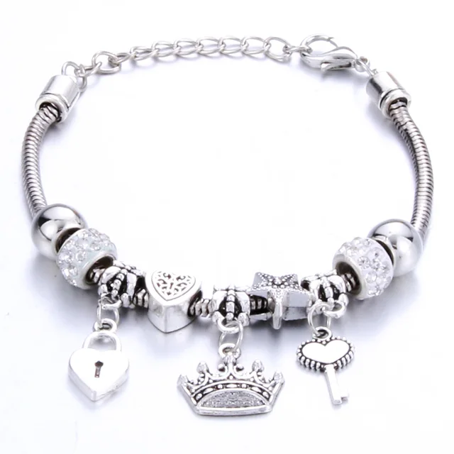 Antique Original Crown key lock Shape 6 colors Charm Bracelets For Women Glass Beads Brand Bracelet & Bangle DIY Jewelry Gifts 0001WE