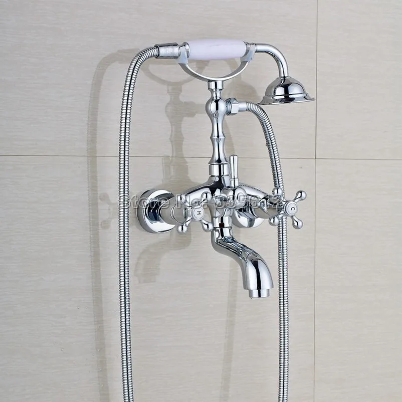 

Bathroom Cold and Hot Bathtub Faucet Set with Handheld Shower Heads Polished Chrome Finish Wtf931