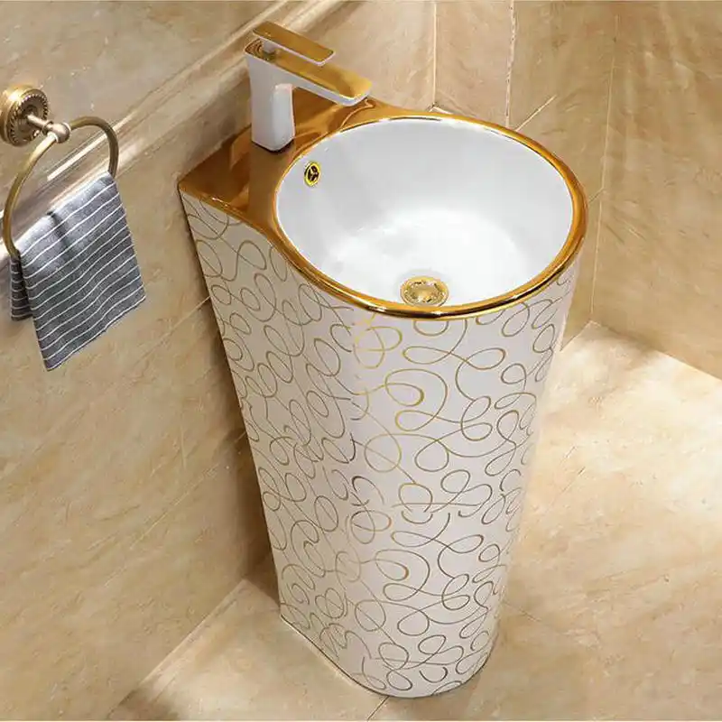 Mosaic Gold Stylish Round Pedestal Sink Ceramic Bathroom Sink With
