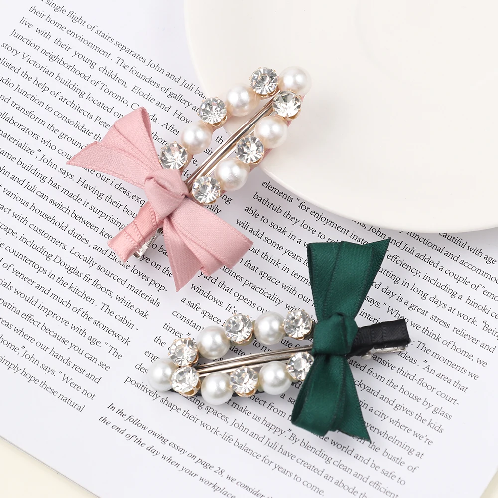 

Fashion Handmade Ribbon Bowknot Rhinestone Pearl Hair Clips Girls Women Lady Metal Crystal Hairpins Hair Accessories Barrette