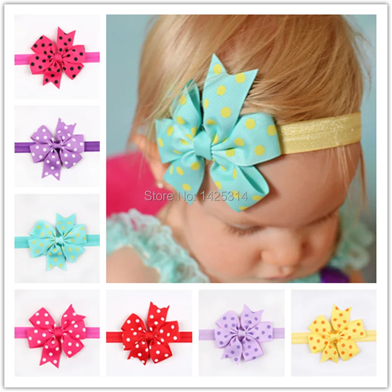 buy 10pcs Children Swallowtail wave point bow hair band Wide Ribbon Bowknot baby headbands dot style mixed color girls headwear