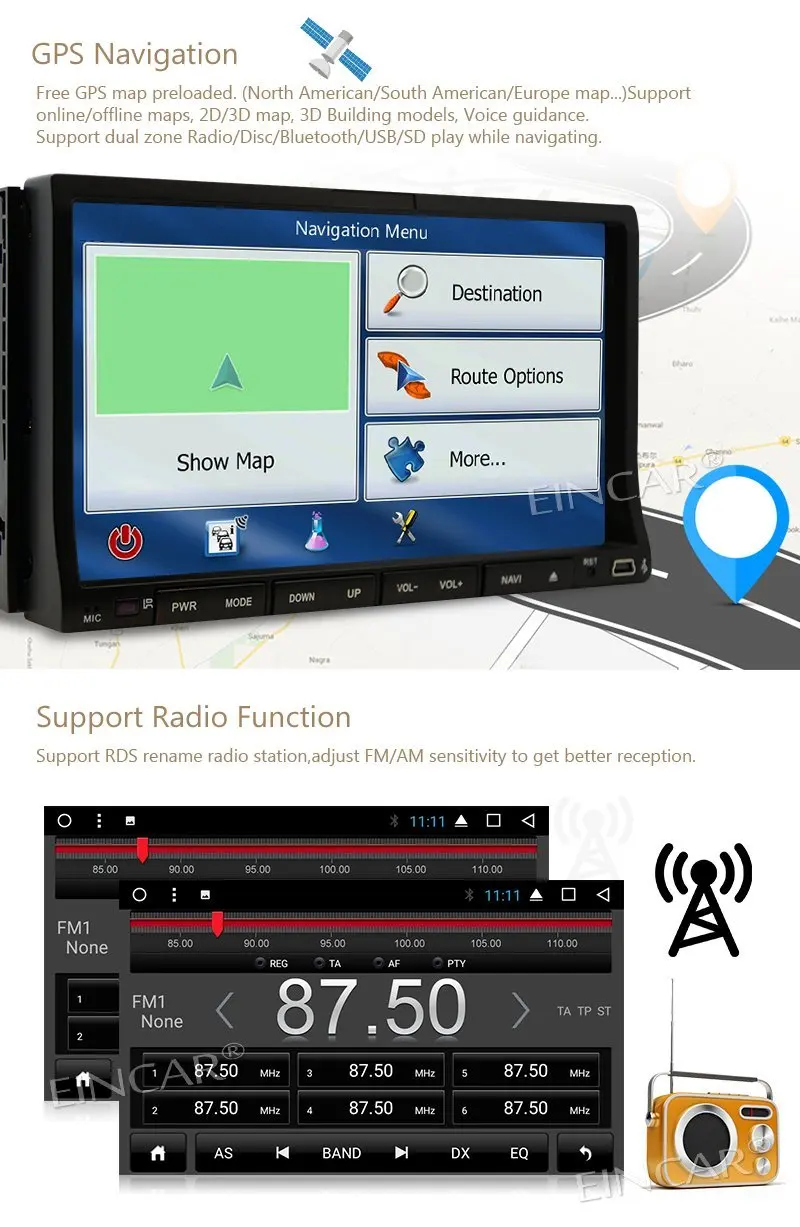 Android 7 1 стерео EinCar ''двойной Din в тире Радио Видео dvd плеер Bluetooth gps головное