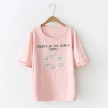Большие размеры, хлопковые розовые, белые, черные, небесно-голубые футболки, новая футболка с цветочной вышивкой и надписью, женские топы, летняя футболка