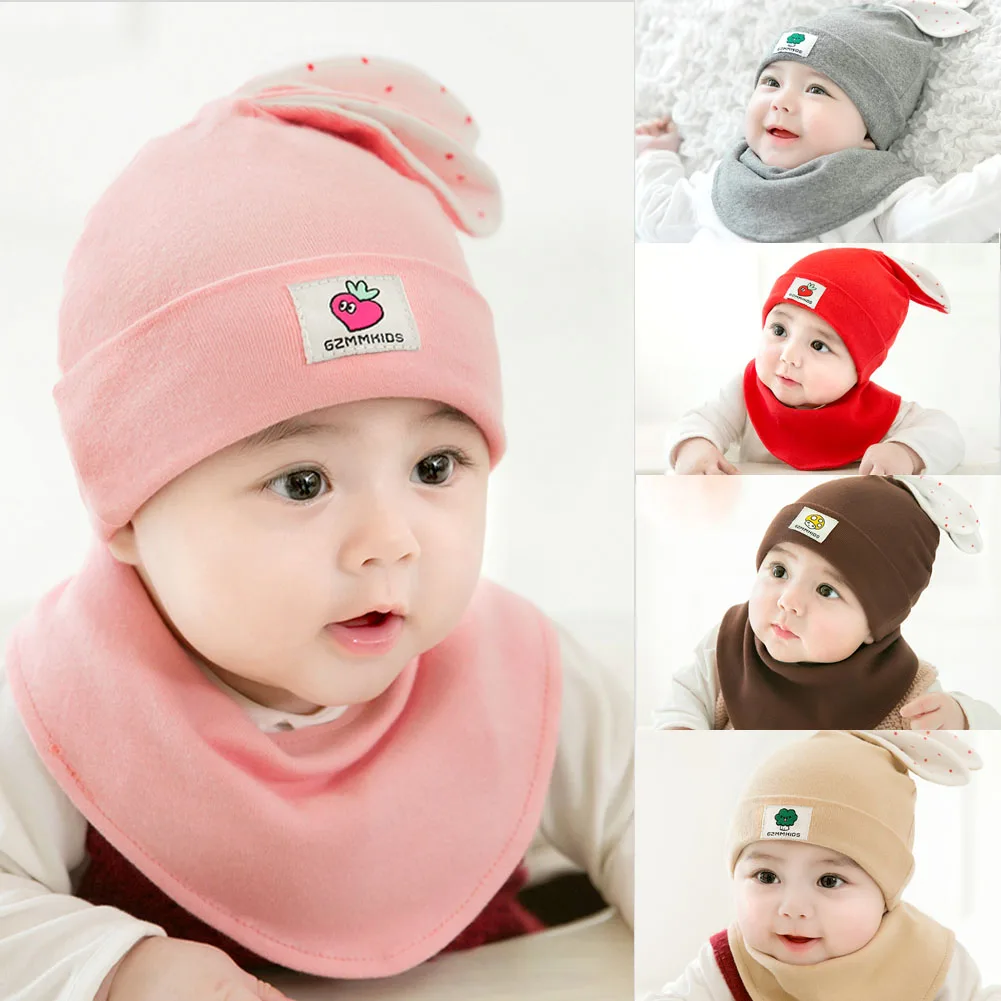 CANIS Bbay Hats Cotton Baby Hat With Scarf Rabbit Ear Autumn Winter Children Accessories Set | Детская одежда и обувь
