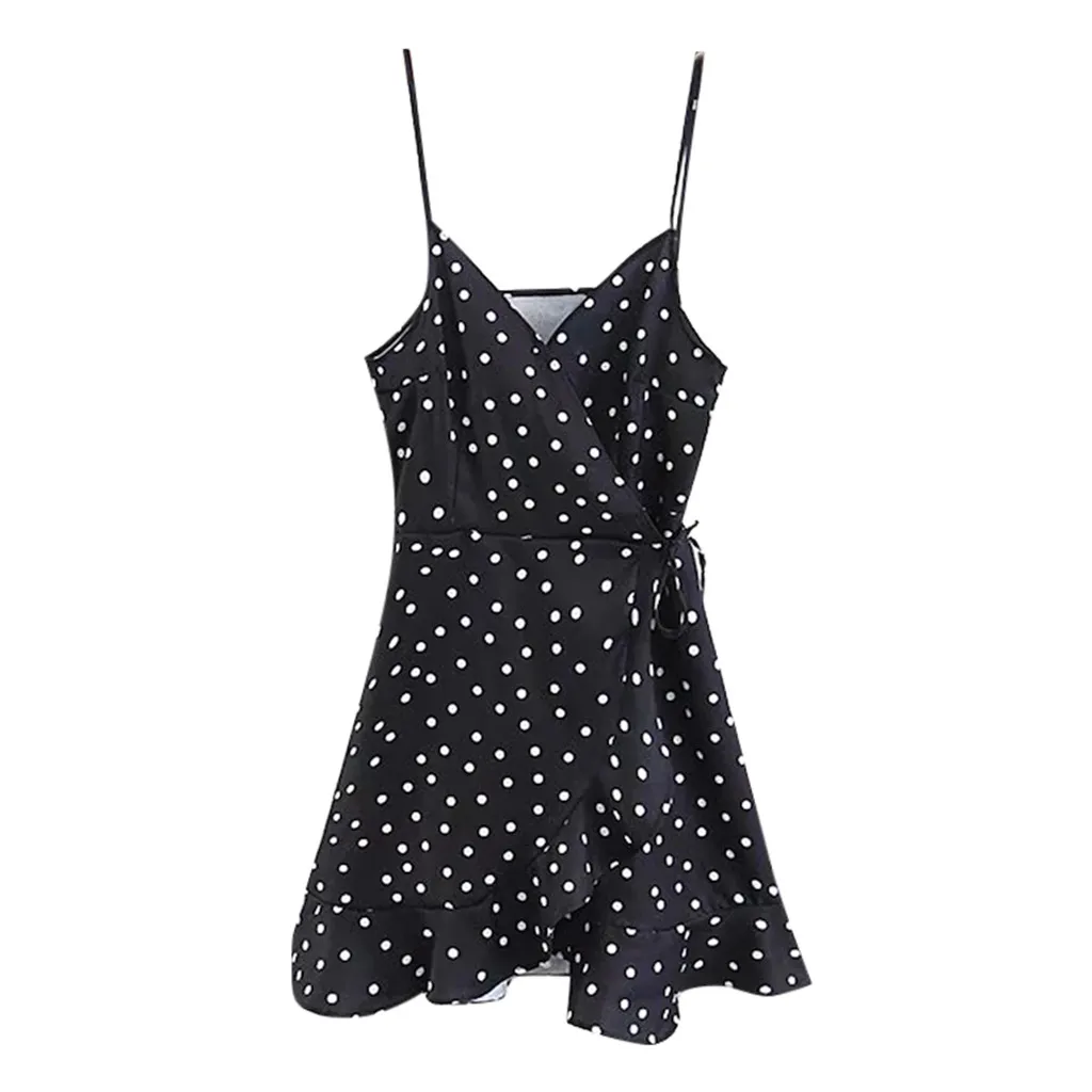 

Women Summer Boho Casual Sleeveless Ruffle Hem Wrap Dress Women Fashion Dot Print Sexy Sling V Neck Lace-Up Dress G0328#20
