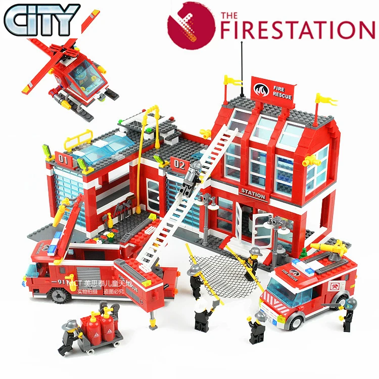 Goedkoop ENLIGHTEN Fire Rescue Hoofdkwartier Sation Centre Helicopter Truck Brandweerman Monteren Model Bouwstenen minifig Kids Speelgoed
