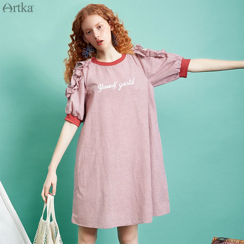 ARTKA 2019 летнее Новое Женское платье с круглым вырезом розовая клетчатая модная