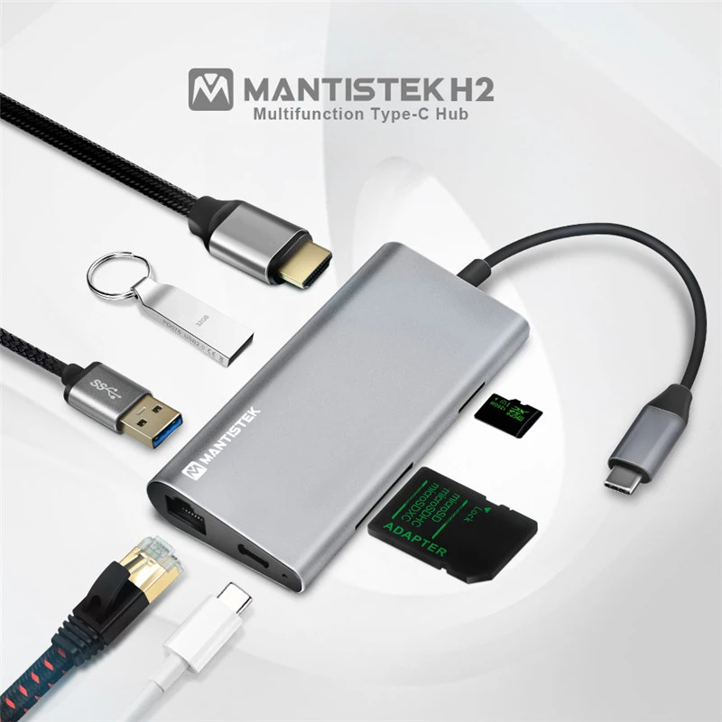 

MantisTek H2 8-in-1 Multifunctional USB Hub Type-C to USB3.0 HDMI 4K Display Gigabit RJ45 PD Charge Hub TF SD Card Reader