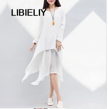 

Women Nice Spring And Autumn New Large Yards Fake Two Long Dress Literary Dress Loose long-sleeved Cotton And Linen Dress