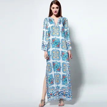 

Europe and American 2018 spring and summer retro blue and white porcelain printing beaded V-neck long sleeve split fork dresses