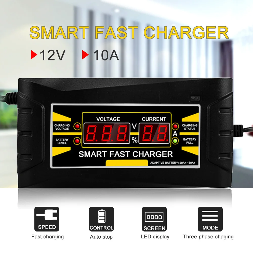

Full Automatic Smart 12V 10A Lead Acid/GEL Battery Charger w/ LCD Display US Plug Smart Fast Battery Charger Auto Accessories