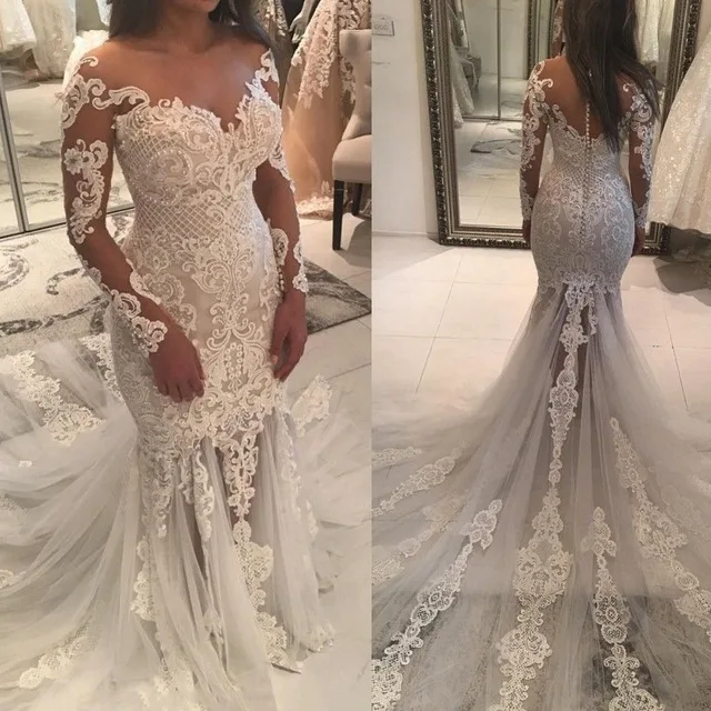 

Vintage Lace Mermaid Wedding Dresses 2019 robe de mariee Arabic Long Sleeve Sheer Illusion Bridal Gowns Handmade gelinlik