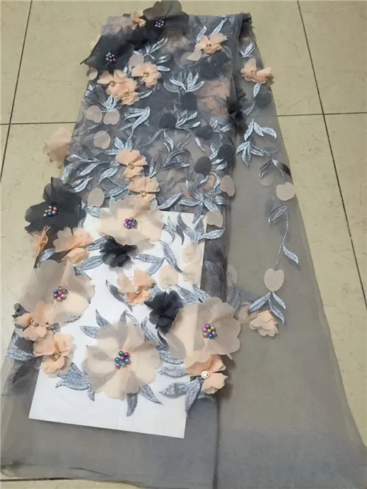 Latest Nigerian Mesh lace fabric with stones big Embroidery African 3D Flower And Bead Tulle Lace Fabric for Wedding dress gray | Дом и сад