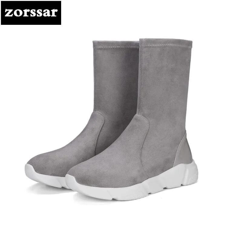 Flache {zorssar} Leder Kn Elastische Schuhe Frau chel 2018 Flock Winter SchwarzGrau Warme Schneeschuhe Neue Ankunft Frauen Komfort UqzMVpGS