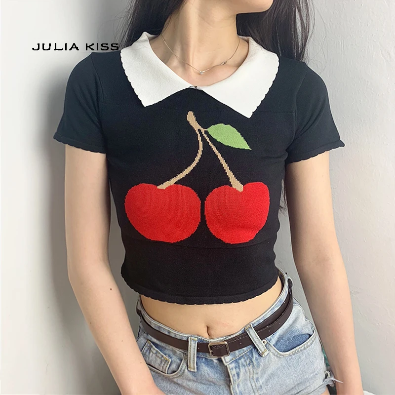 

Women Lovey Jacquard Cherry Knitted Tee Contast Collar Crop Top