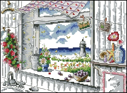 CS-656 cross stitch kit window to sea lighthouse beacon sunny day.jpg