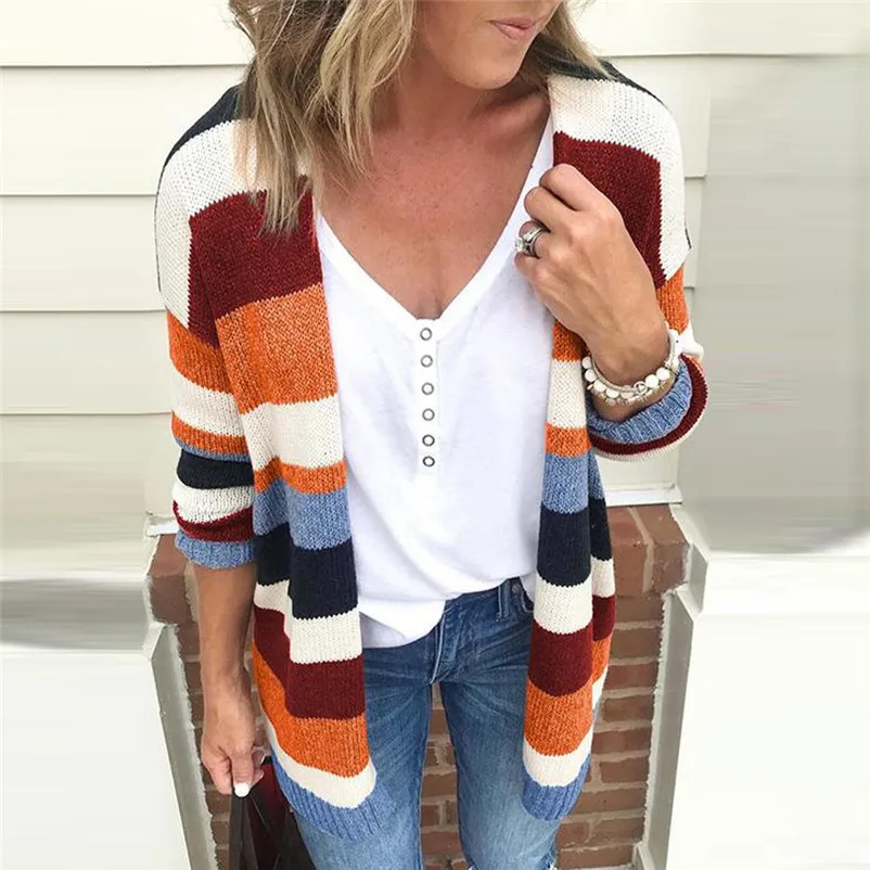 Fashion coats and jackets women winter ladies coats Winter Blouse Patchwork Rainbow Stripes Long Sleeve Cardigan Coat O24#N (7)