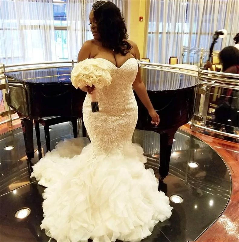 

African Plus Size Mermaid Wedding Dresses Sweetheart Ruffles Lace Up Back Tulle And Lace Bridal Gowns Dubai Arabic Vestidos