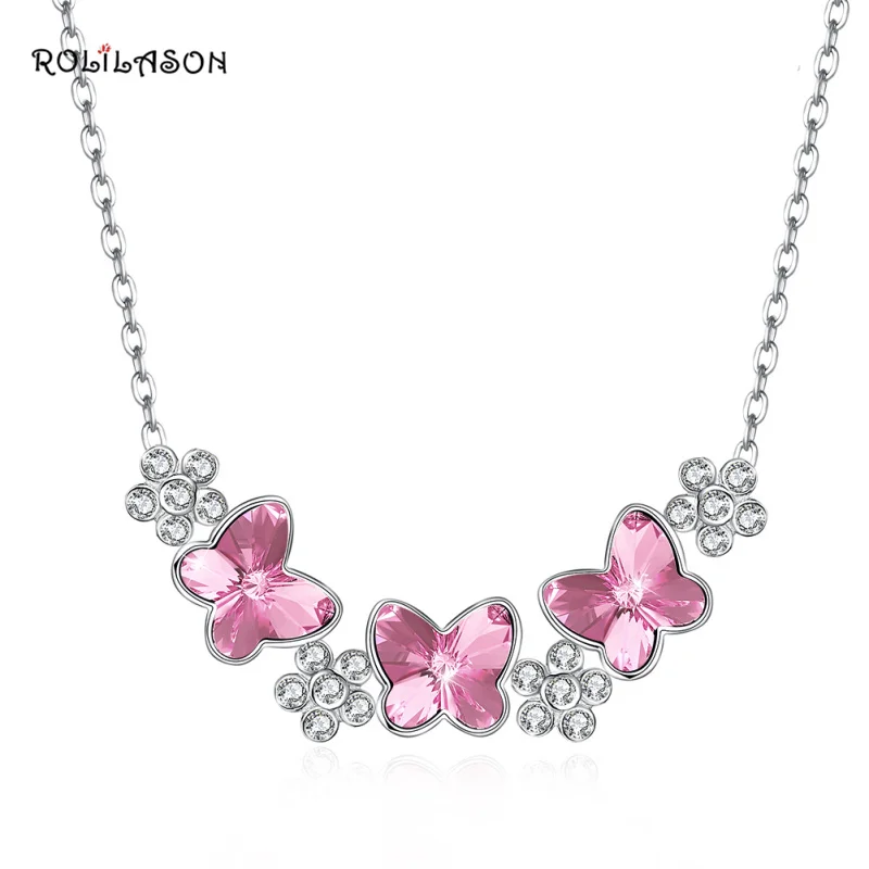 

6.9g 925 Sterling Silver Pink Zircon Butterfly Heart Necklace Pendant Jewelry for Women's Evening SP77