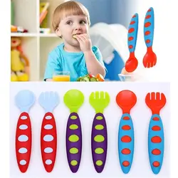 Детская посуда разноцветные безопасные PP материал ложка + вилка противоскользящая 2 шт. посуда качество ручка из термопластического