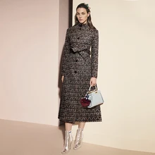 Новое Поступление Женское шерстяное пальто с принтом Модное теплое зимнее пальто с длинным рукавом и поясом