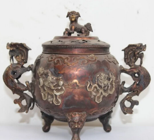 

JP S0524 Old Chinese China Bronze Dragon Foo Fu Dog Statue Incense Burner Censer B0403