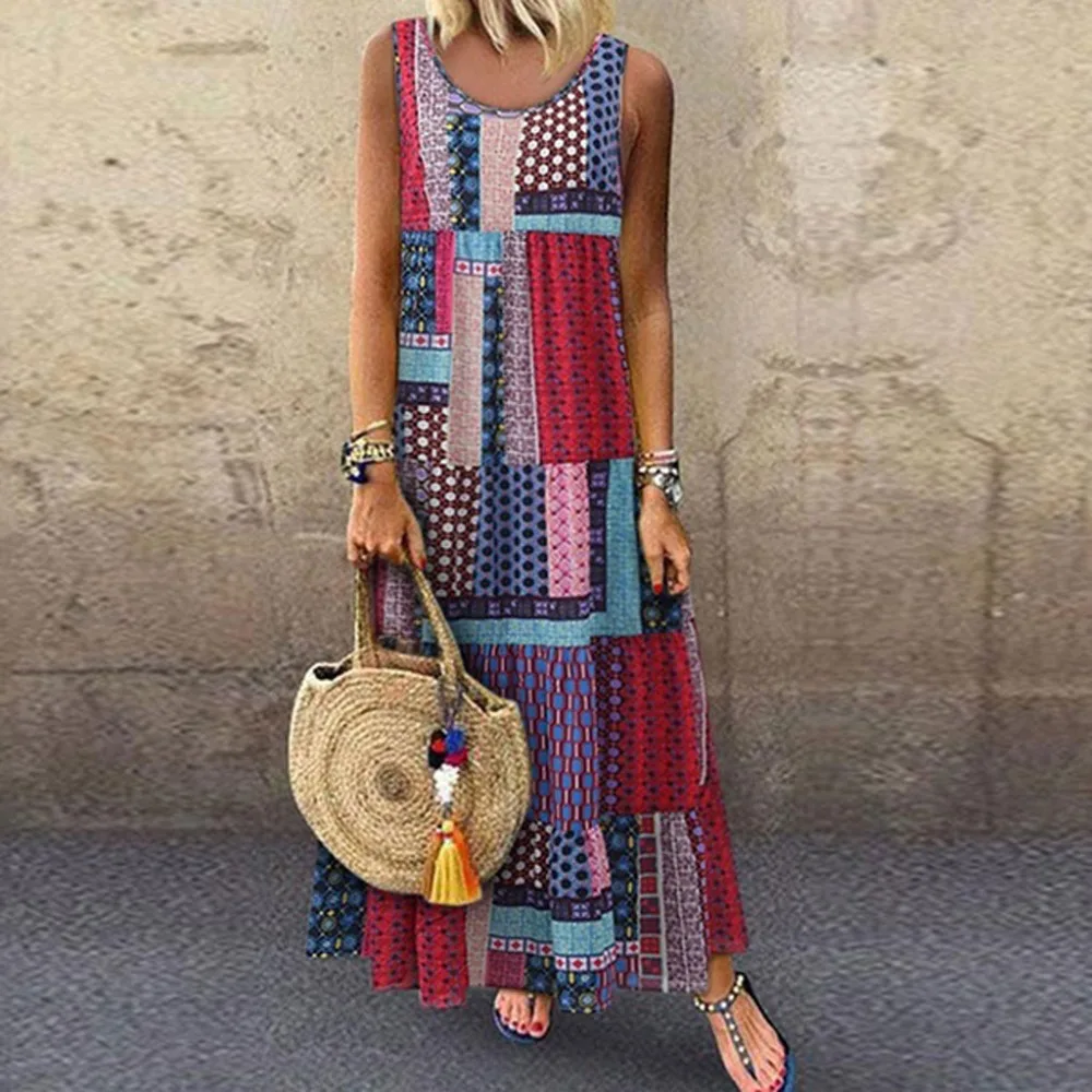 

Harajuku Fashion Women Beach Dress Vintage Loose Sleeveless O-neck Irregular Print Retro Casual Dress 2019 Party Dress modis BB4