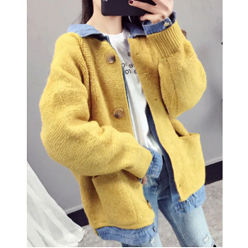 yellow Весенний женский Небесный джинсовый сшитый вязаный поддельный женский свитер из двух частей кардиган свободный ленивый ветер женский свитер W143 - Цвет: yellow