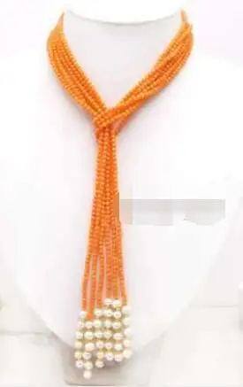 

Free Shipping>> new hot SALE 3-4mm Round Natural Orange Coral 3 strands 45'' Necklace with pearl-5958