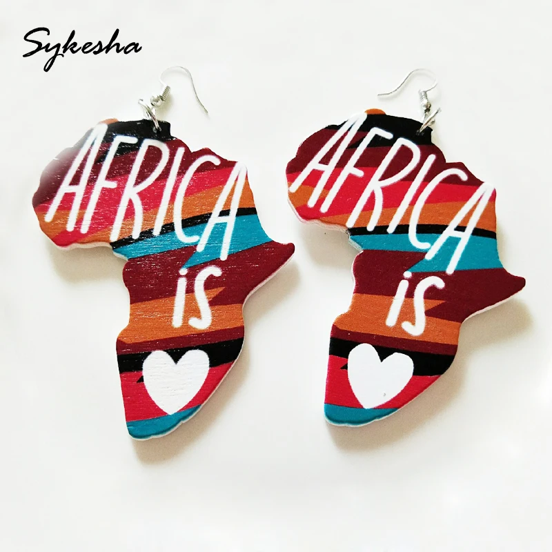 

2019 New Arrival Printed Wood Africa Map Shaped Geometric Drop Earrings Fashion Wooden Bohemia Love African Jewelry Party Gift