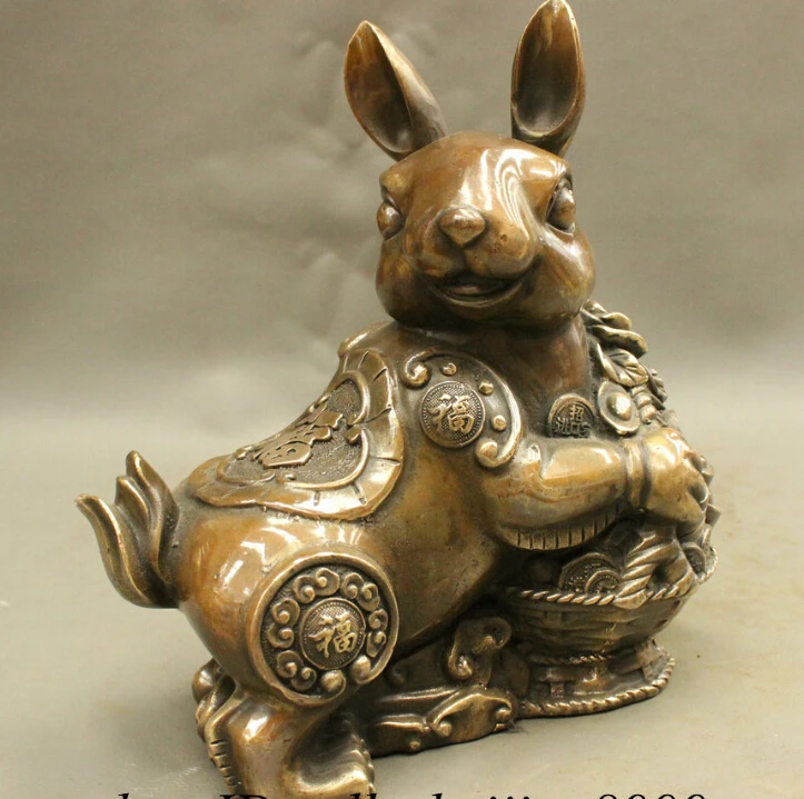 

S0241 9" Folk Chinese Bronze FengShui Wealth Treasure Bowl Year Zodiac Rabbit Statue discount 30% (C0324)
