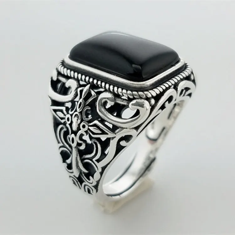 Square Natural Black Onyx Stone Solid Silver 925 Men Ring Wide Cuff Band 100% Real 925 Sterling Silver Jewelry Men Free Ring Box Square Natural Black Onyx Stone Solid Silver 925 Men Ring Wide Cuff Band 100% Real 925 Sterling Silver Jewelry Men Free Ring Box