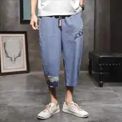 M-5XL эластичная талия плюс Размер льняные брюки на шнурке цветные мужские капри длиной до икры мужские модные брюки винтажные брюки