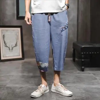 

M-5XL Elastic Waist Plus Size Linen Drawstring Pants Color Block Men Crop Pant Calf-Length Mens Fashion Pants Vintage Trousers