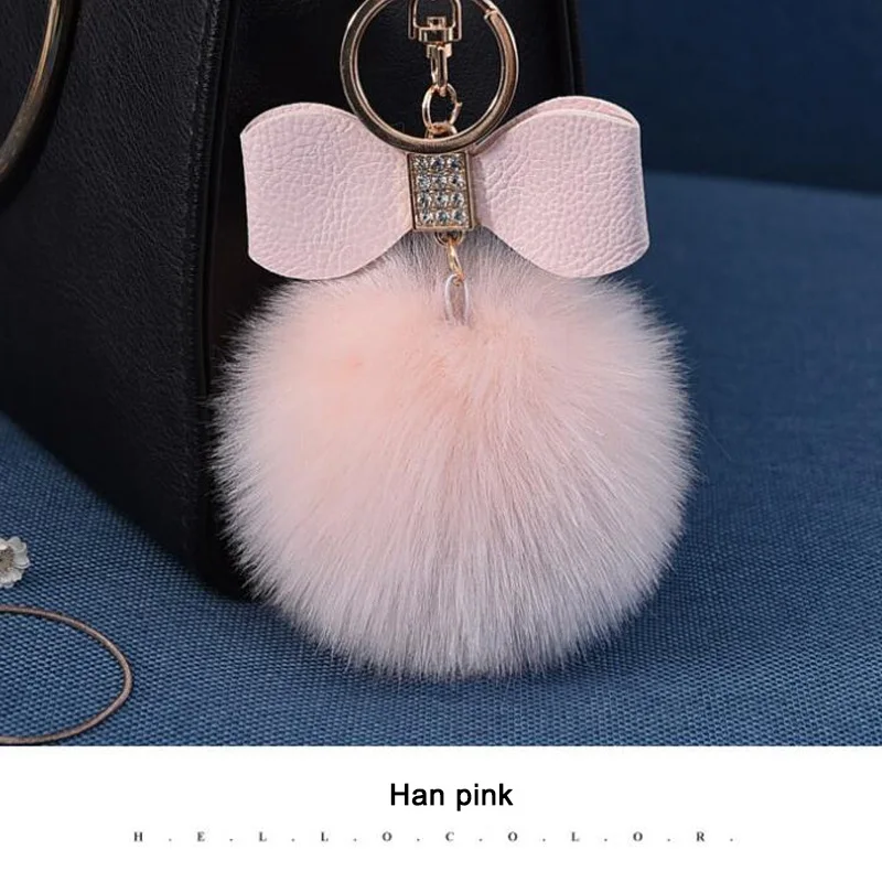 Han pink Помпон, женские брелоки, кожаный бант, брелок для ключей со стразами, очаровательный помпон, брелок для ключей, пушистый искусственный мех кролика, брелоки для автомобильных сумок - Цвет: Han pink
