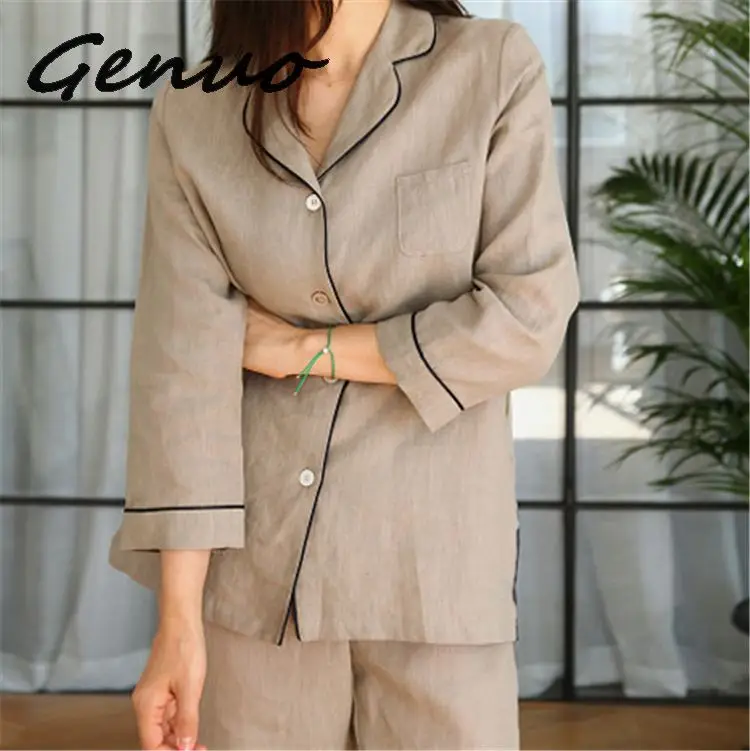 

Genuo New One Size Women Autumn Spring Long Set Japanese Style Cotton Linen Comfortable Pyjamas Night Wear Sleepwear Homewear