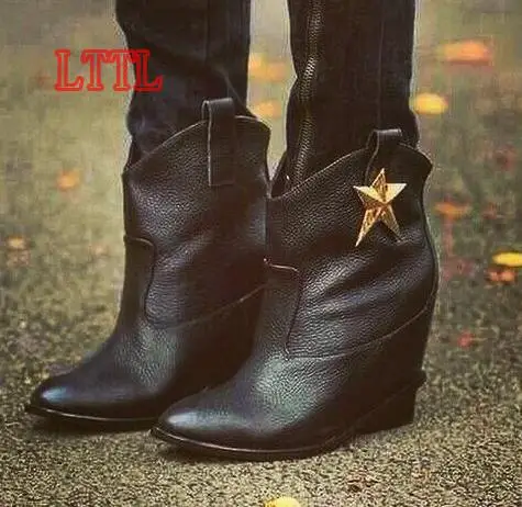 Golden Five-pointed Star Women Ankle Boots Point Toe Knight Style Ladies Autumn Boots Square Heel Cowboy Short Boots