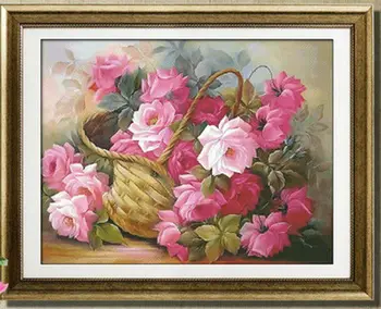 

Embroidery Package Factory Shop High Quality Cross Stitch Kits Pink Rose Flower in the Basket Top Grade