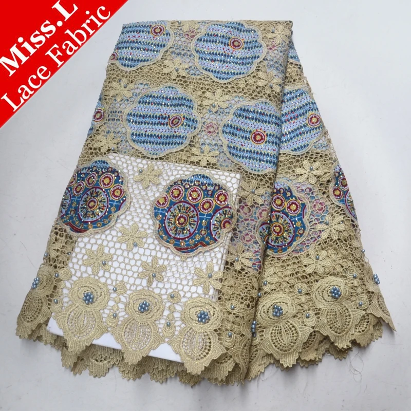 

New design African Ankara Wax Lace fabric Embroidery with Beads and Stones high quality African Water soluble lace For Sewing