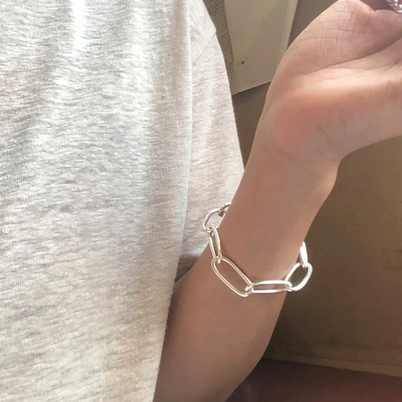 Корейский 925 пробы Серебряный панк грубая эллипс цепь браслеты для женщин простой дизайн, серебристый 925 Роскошные женские аксессуары