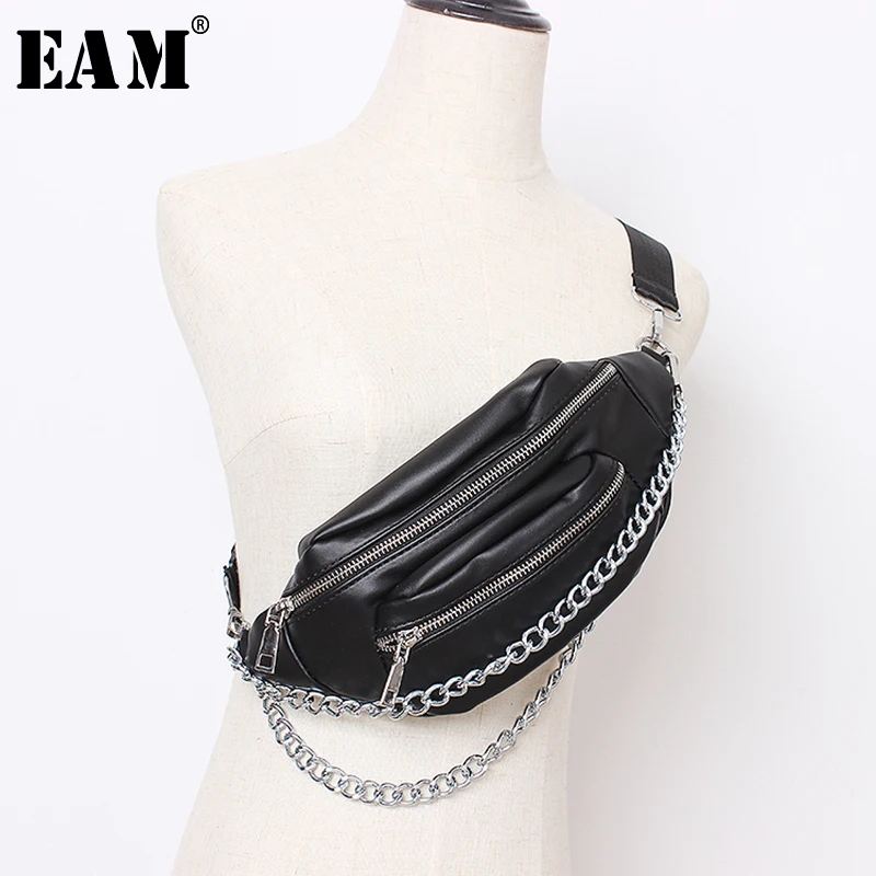 

[EAM] 2019 New Spring Summer Pu Leather Black Zipper Chain Split Joint Personality Long Belt Women Fashion Tide All-match JX469